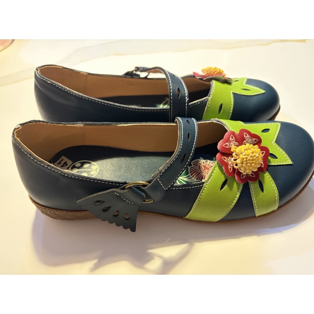 Poetic Licence Floral Mary Jane Flats 10.5 Blue Green Leather Flower Applique